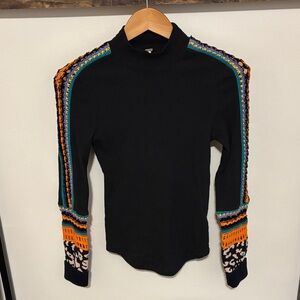 We The Free navy long sleeve mock neck shirt with Multicolor Crochet sleeves